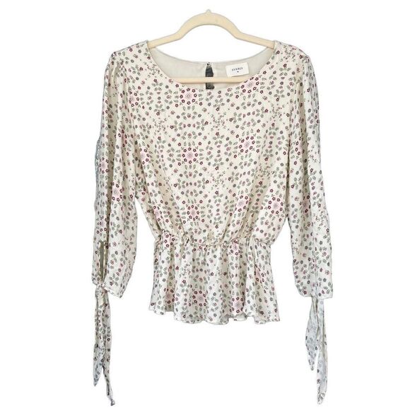 Everly Floral Print Blouse Long Sleeve Tie Cuffs Peplum Top Small - Picture 1 of 6